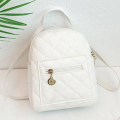 Argyle Pattern Zipper Backpack Faux Leather Small School Bag 7.48 Inch