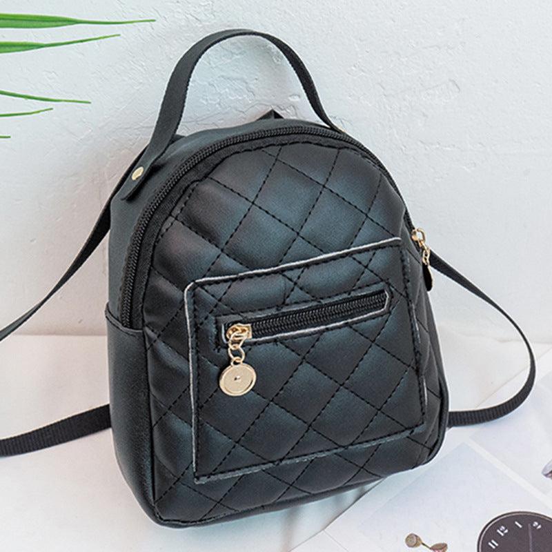 Argyle Pattern Zipper Backpack Faux Leather Small School Bag 7.48 Inch