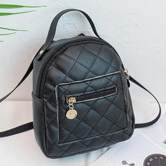 Argyle Pattern Zipper Backpack Faux Leather Small School Bag 7.48 Inch