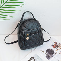 Argyle Pattern Zipper Backpack Faux Leather Small School Bag 7.48 Inch