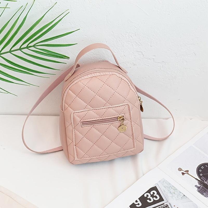 Argyle Pattern Zipper Backpack Faux Leather Small School Bag 7.48 Inch