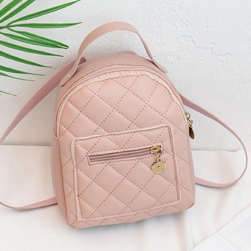 Argyle Pattern Zipper Backpack Faux Leather Small School Bag 7.48 Inch