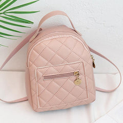 Argyle Pattern Zipper Backpack Faux Leather Small School Bag 7.48 Inch