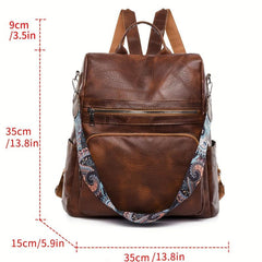 Retro Solid Backpack Casual Vintage Zipper Rucksack Women's Daily Bag