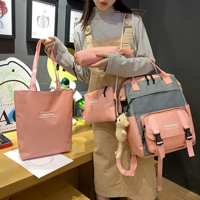 4pcs Preppy Backpack Set with Tote Bag