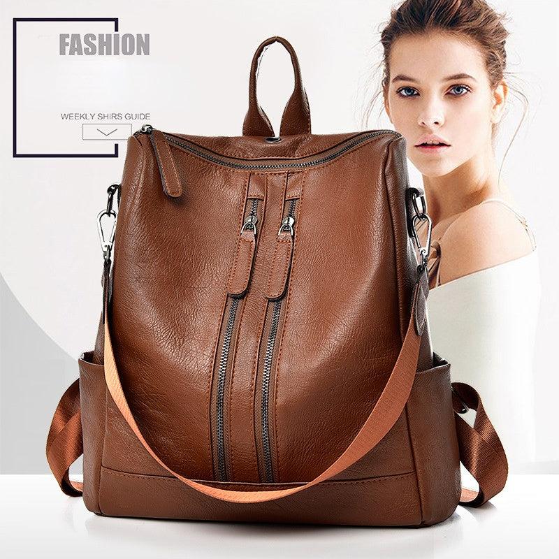 Zipper Front Backpack Purse Faux Leather Travel Bookbag