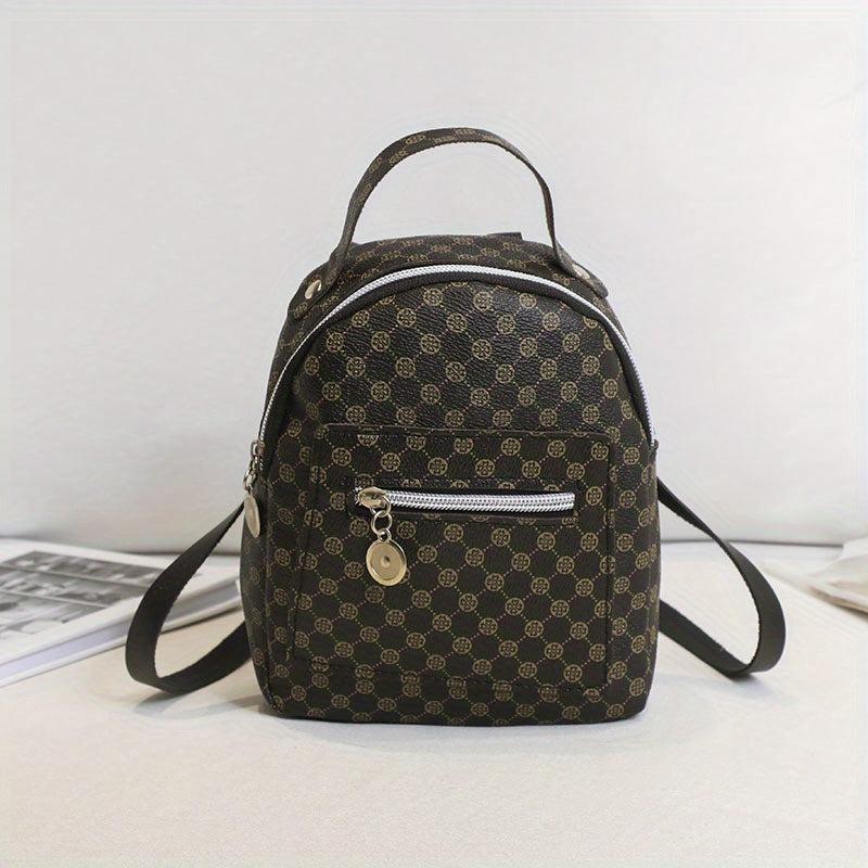 Random Print Mini Backpack Top Handle Zipper Knapsack PU Leather Rucksack