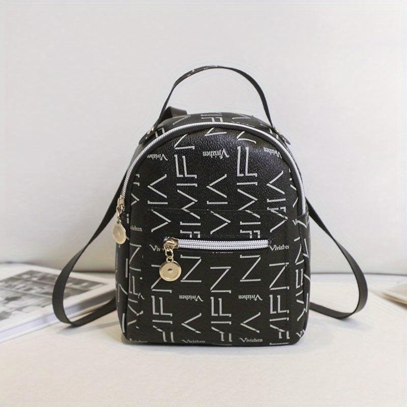 Random Print Mini Backpack Top Handle Zipper Knapsack PU Leather Rucksack