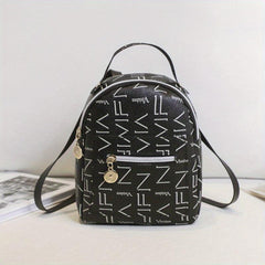 Random Print Mini Backpack Top Handle Zipper Knapsack PU Leather Rucksack