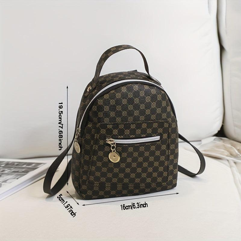 Random Print Mini Backpack Top Handle Zipper Knapsack PU Leather Rucksack