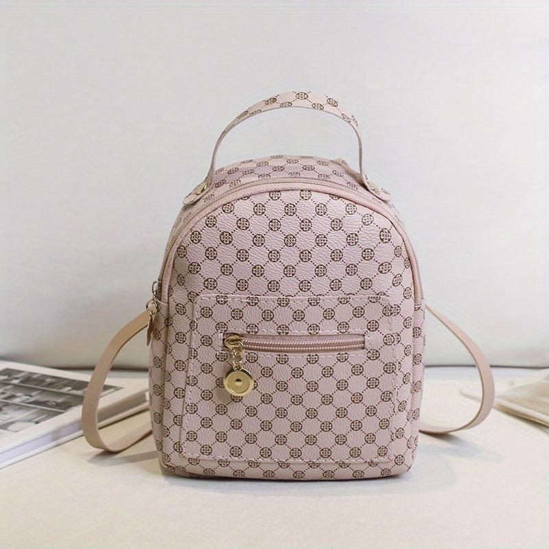 Random Print Mini Backpack Top Handle Zipper Knapsack PU Leather Rucksack