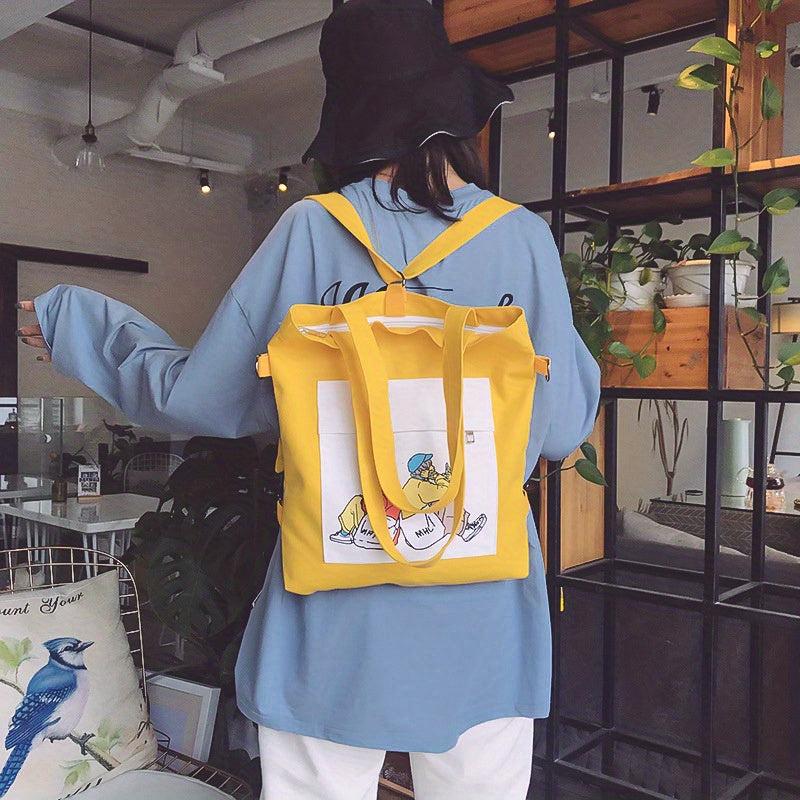 Cartoon Pattern Colorblock Canvas Bag Multifunctional Backpack