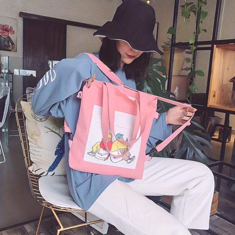 Cartoon Pattern Colorblock Canvas Bag Multifunctional Backpack