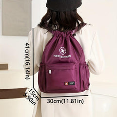 Solid Drawstring Backpack Casual Schoolbag Large Capacity Zipper Knapsack