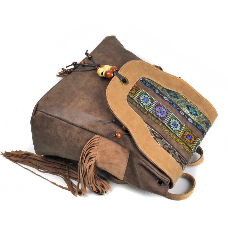 Embroidered PU Backpack with Tassel Detail