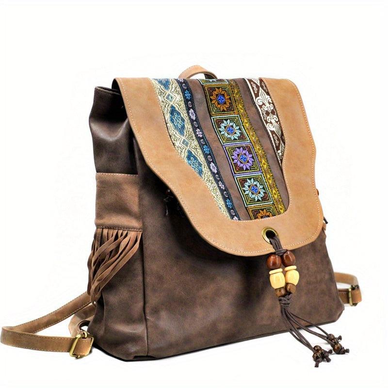 Embroidered PU Backpack with Tassel Detail