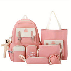 5Pcs Preppy Style Backpack Set Casual Nylon Schoolbag with Tote Bag