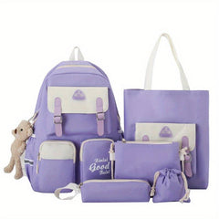 5Pcs Preppy Style Backpack Set Casual Nylon Schoolbag with Tote Bag