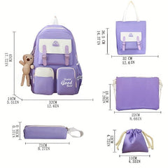 5Pcs Preppy Style Backpack Set Casual Nylon Schoolbag with Tote Bag