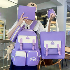 5Pcs Preppy Style Backpack Set Casual Nylon Schoolbag with Tote Bag