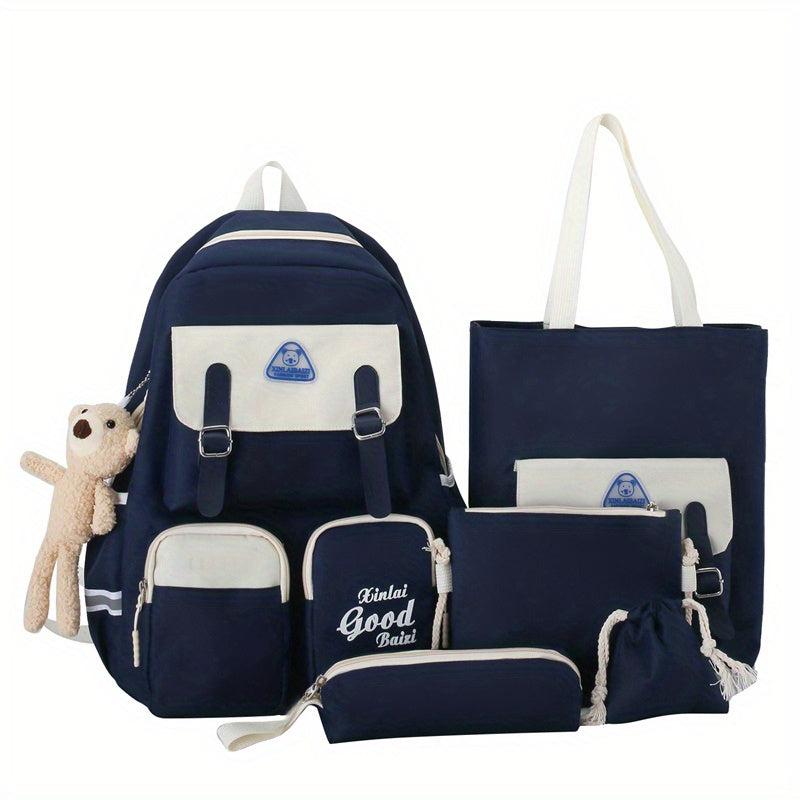 5Pcs Preppy Style Backpack Set Casual Nylon Schoolbag with Tote Bag