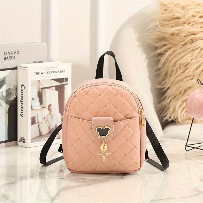 Argyle Quilted Mini Backpack Cartoon Metal Decor School Bag
