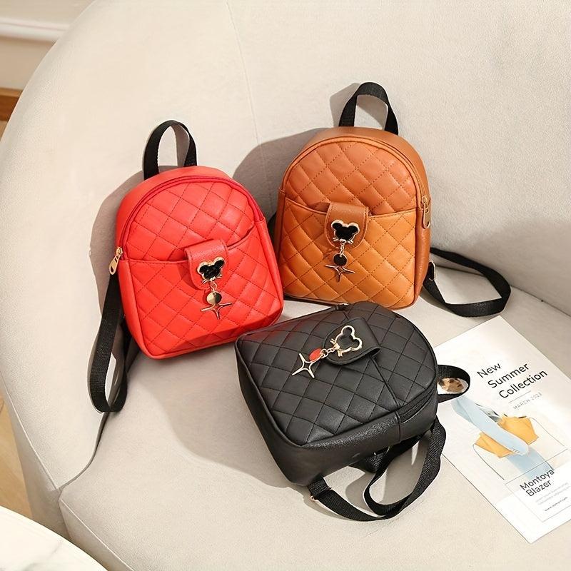 Argyle Quilted Mini Backpack Cartoon Metal Decor School Bag