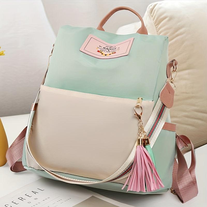 Colorblock Shoulder Bag with Letter Patch and Tassel Decor