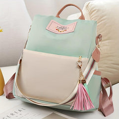 Colorblock Shoulder Bag with Letter Patch and Tassel Decor