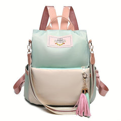 Colorblock Shoulder Bag with Letter Patch and Tassel Decor