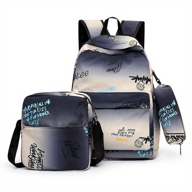 3 Pcs Graffiti Pattern Bag Set Backpack, Shoulder Bag & Long Purse