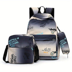3 Pcs Graffiti Pattern Bag Set Backpack, Shoulder Bag & Long Purse