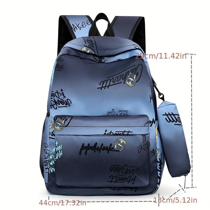 3 Pcs Graffiti Pattern Bag Set Backpack, Shoulder Bag & Long Purse