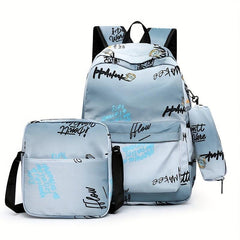 3 Pcs Graffiti Pattern Bag Set Backpack, Shoulder Bag & Long Purse