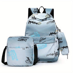 3 Pcs Graffiti Pattern Bag Set Backpack, Shoulder Bag & Long Purse