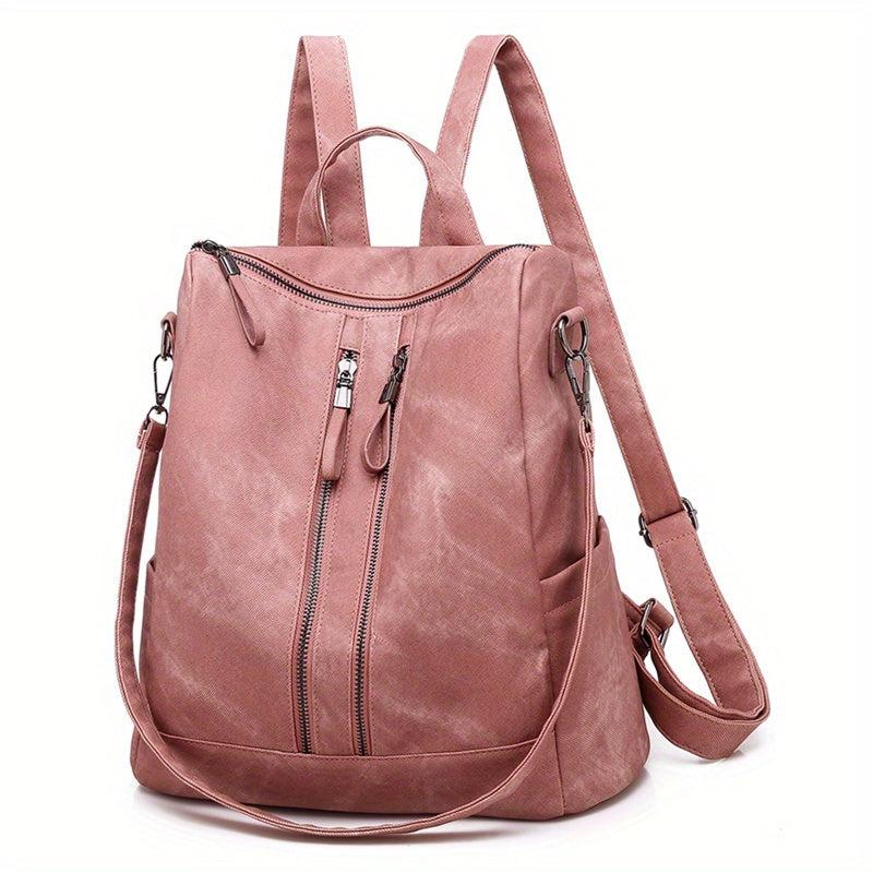 Large Capacity Zipper Backpack PU Leather Textured School Travel Bag