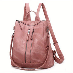Large Capacity Zipper Backpack PU Leather Textured School Travel Bag