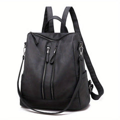 Large Capacity Zipper Backpack PU Leather Textured School Travel Bag