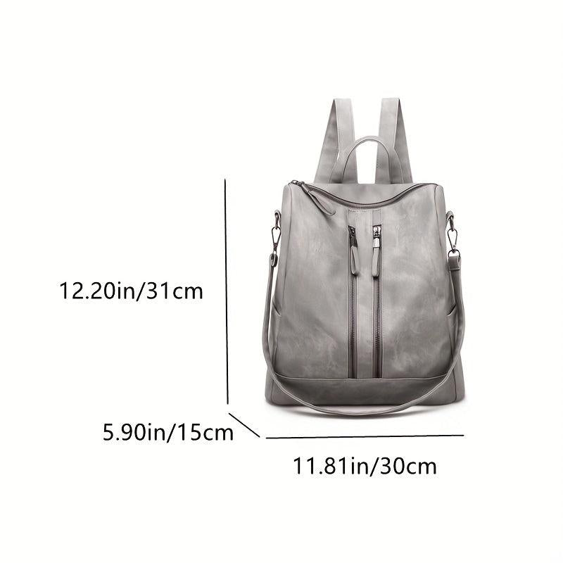 Large Capacity Zipper Backpack PU Leather Textured School Travel Bag