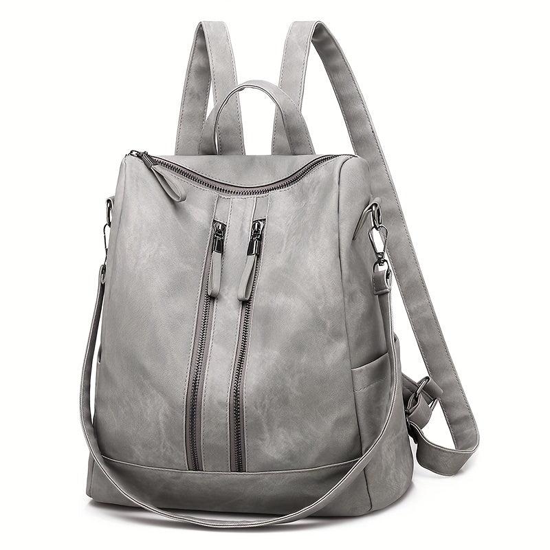Large Capacity Zipper Backpack PU Leather Textured School Travel Bag
