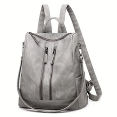 Large Capacity Zipper Backpack PU Leather Textured School Travel Bag