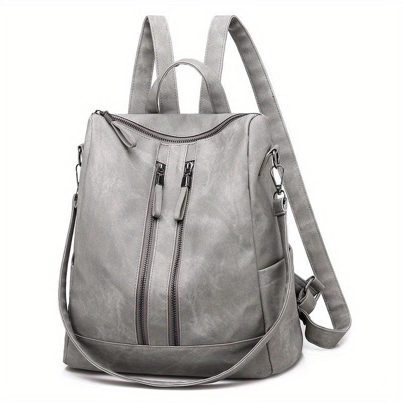 Large Capacity Zipper Backpack PU Leather Textured School Travel Bag