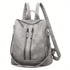 Large Capacity Zipper Backpack PU Leather Textured School Travel Bag