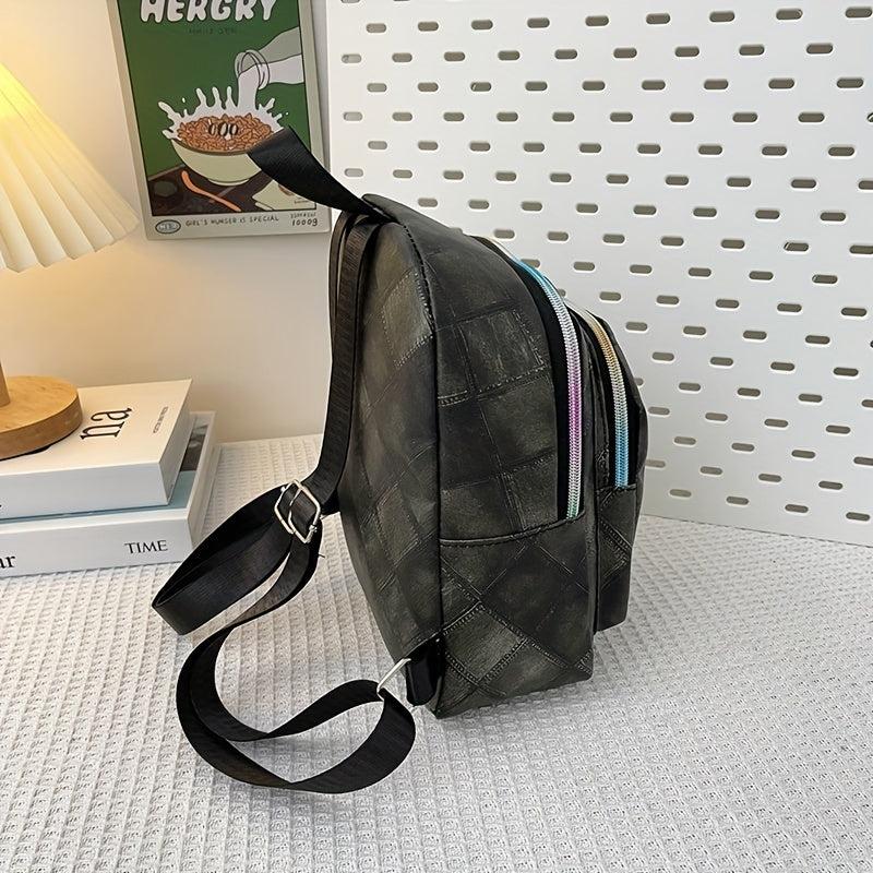 Waterproof Argyle PU Leather Backpack Women's Versatile Shopping Bag