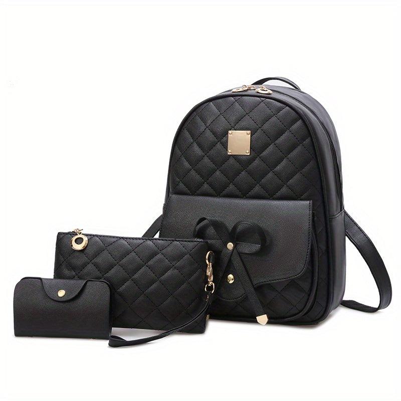 3pc Bow Backpack Handbag Set Faux Leather Magnet Bag 11x19cm 29x24cm