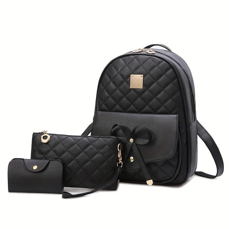 3pc Bow Backpack Handbag Set Faux Leather Magnet Bag 11x19cm 29x24cm