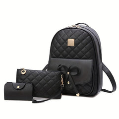 3pc Bow Backpack Handbag Set Faux Leather Magnet Bag 11x19cm 29x24cm