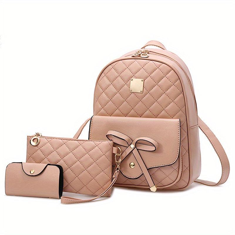 3pc Bow Backpack Handbag Set Faux Leather Magnet Bag 11x19cm 29x24cm