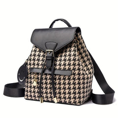 Houndstooth Flap Backpack Drawstring Daypack Women's Travel School Bag