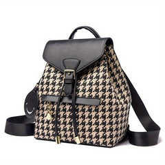 Houndstooth Flap Backpack Drawstring Daypack Women's Travel School Bag